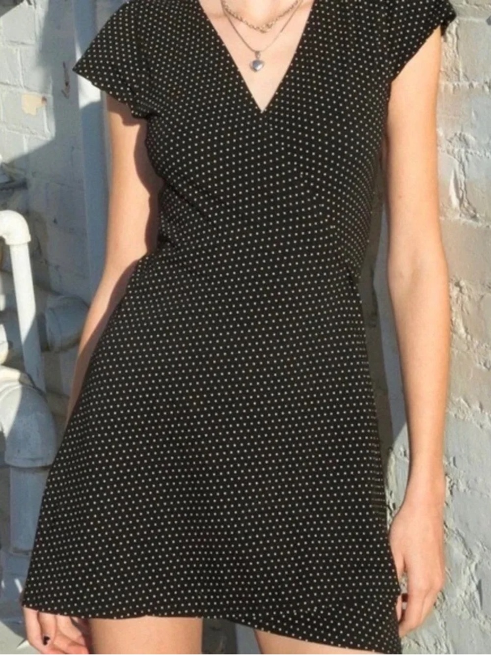 BRANDY MELVILLE Black Mini Wrap Dress with White Polka Dots
